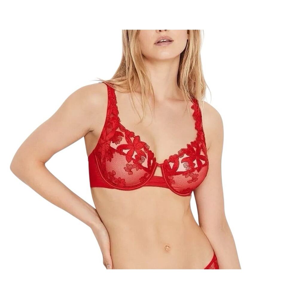 Victorias Secret Low Cut Demi Bra Unlined SIZE 36D Red Lacy Sheer Womens Mesh